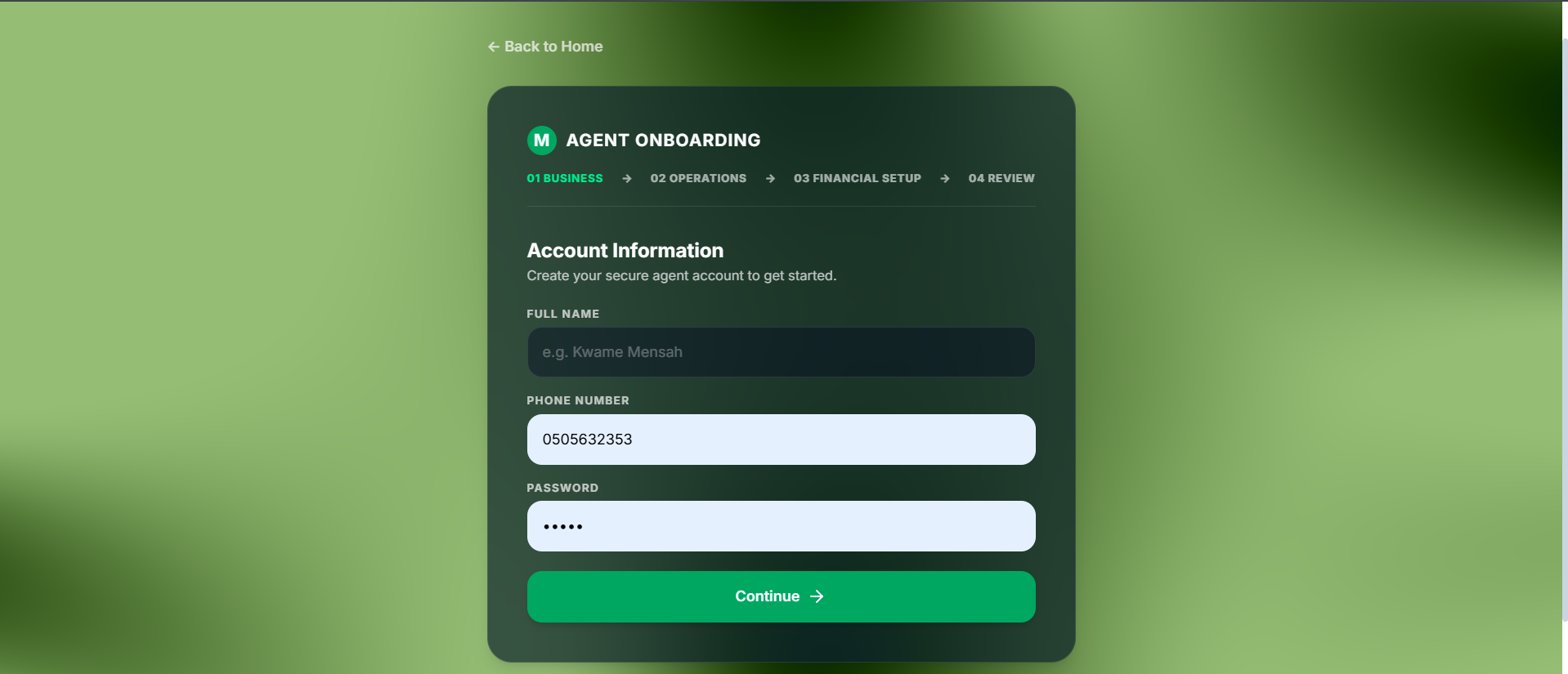 Agent onboarding flow showing an account information form with full name, phone number, and password fields