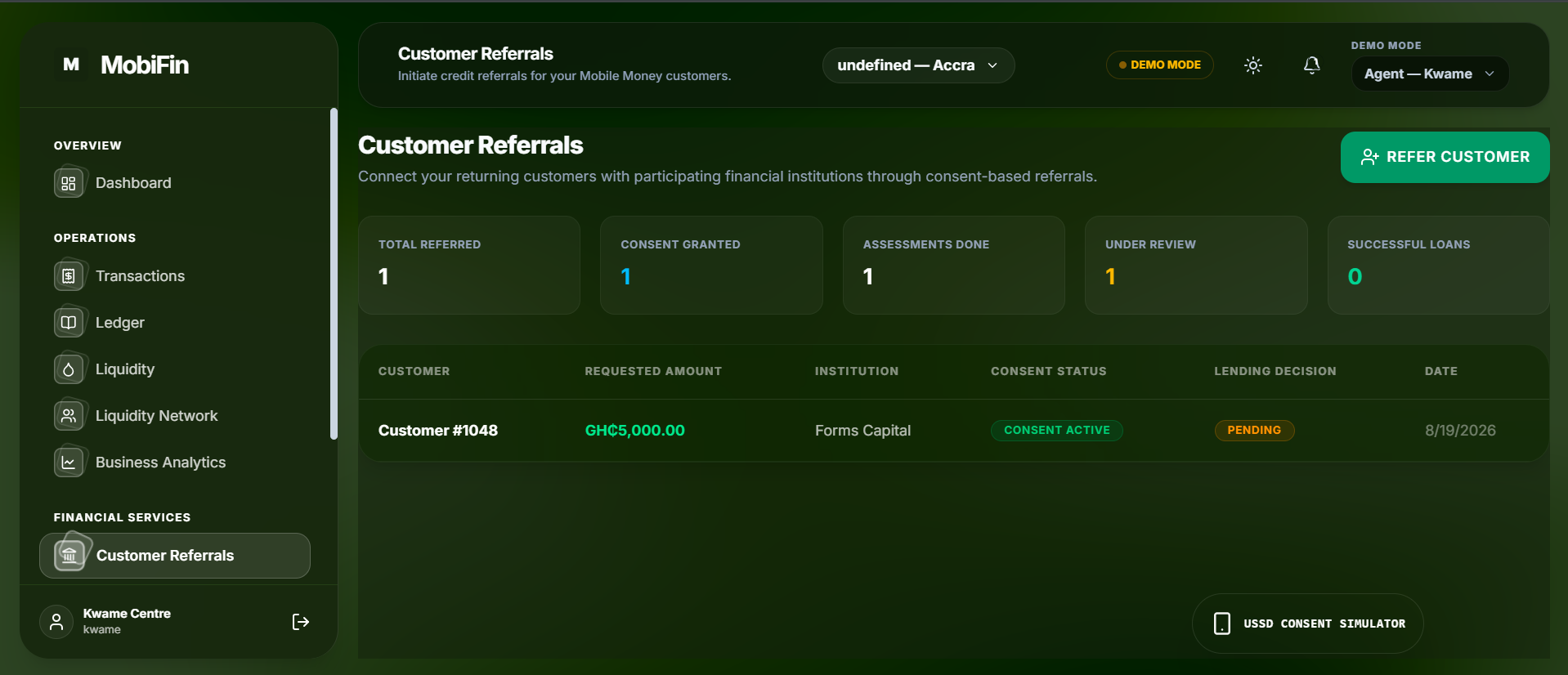 Customer referrals view for an agent, showing a table of referred customers with consent status and lending decisions