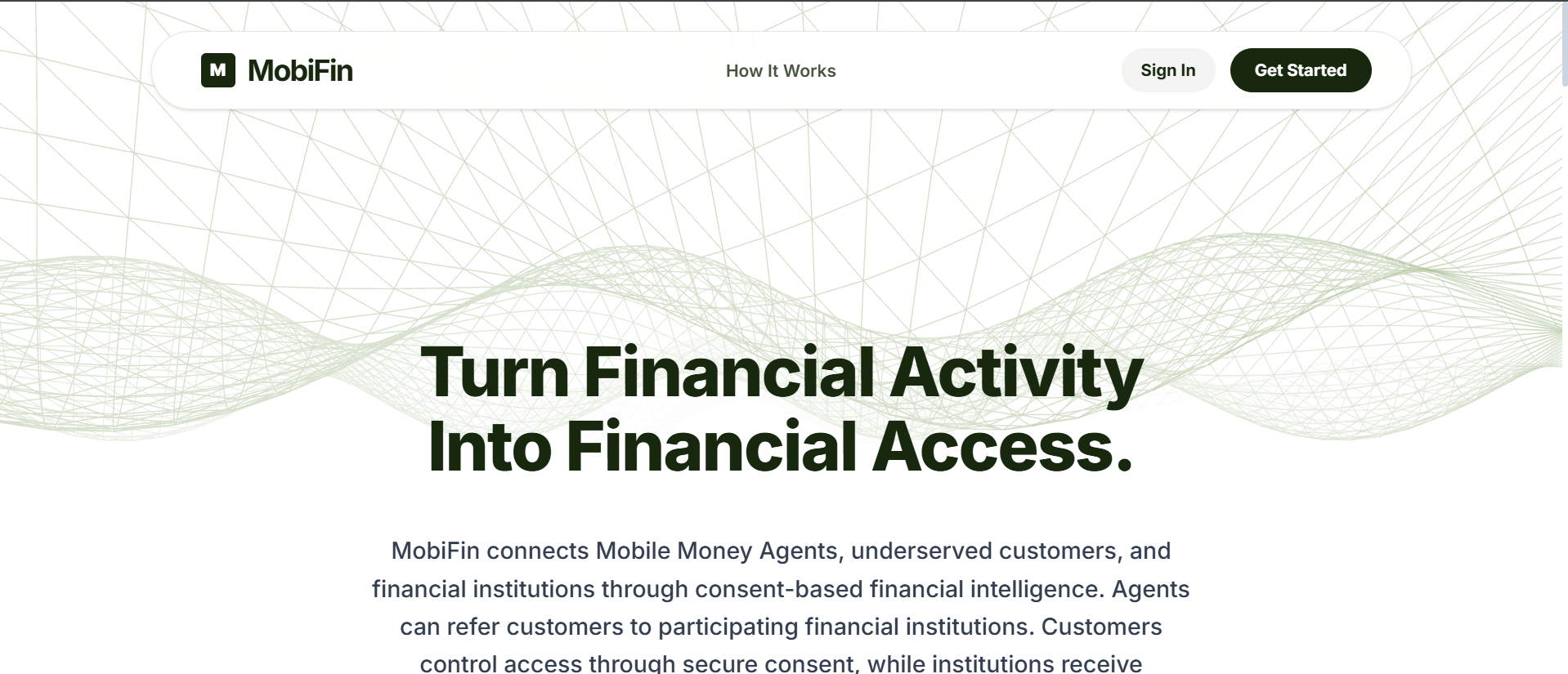 MobiFin homepage with the tagline 'Turn Financial Activity Into Financial Access' and a Get Started as an Agent button.