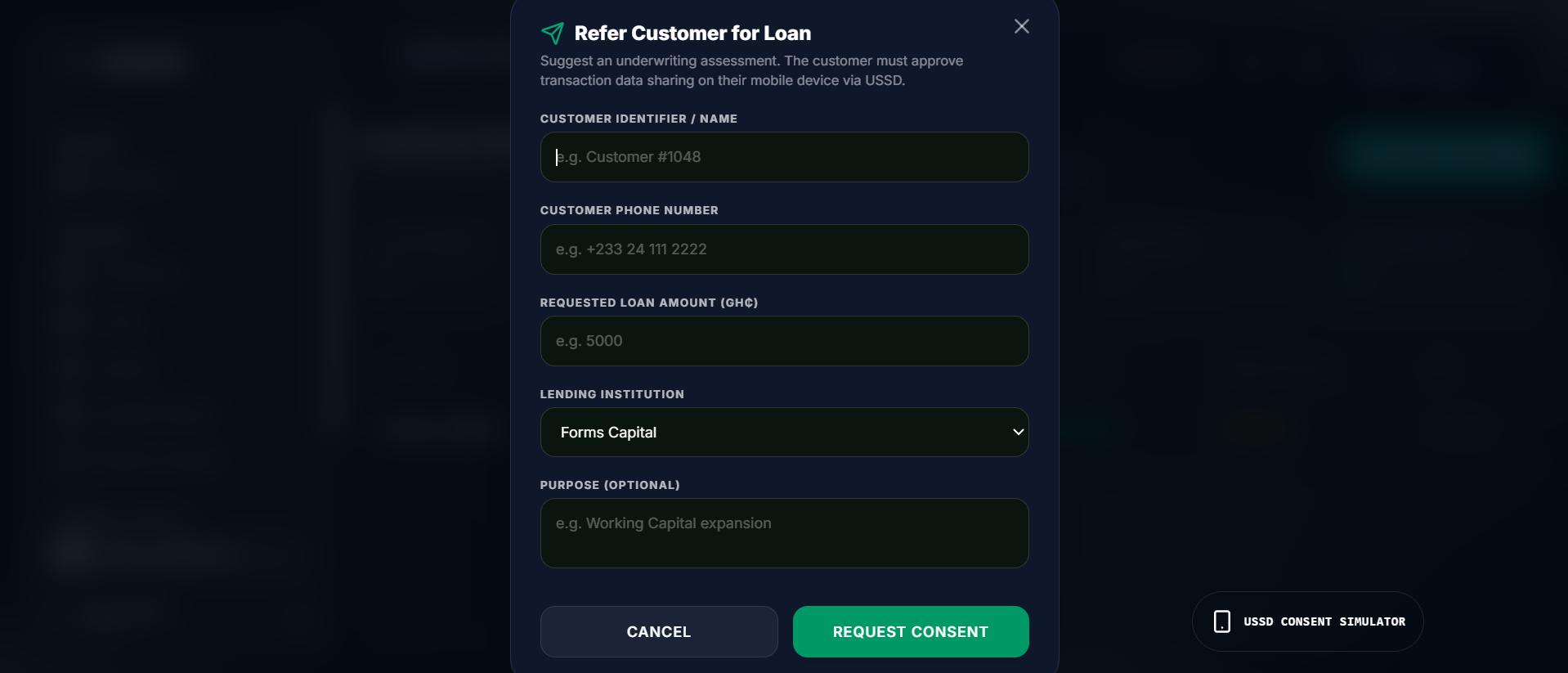 Refer Customer for Loan modal with fields for customer identifier, phone number, requested loan amount, and lending institution
