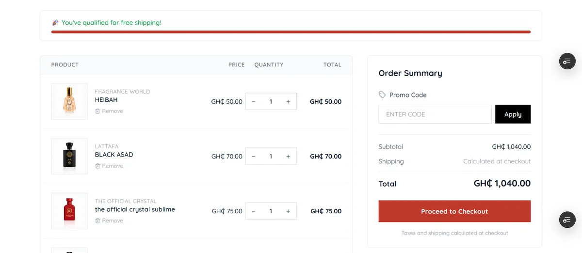 Shopping cart page showing selected products, quantities, and an order summary with a free shipping banner