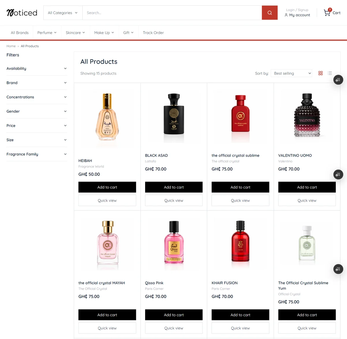 All products page of Noticed, showing a grid of perfume products with filters for brand, price, and fragrance family