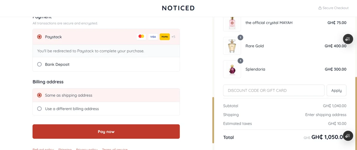 Checkout page with Paystack and bank deposit payment options, billing address, and order total