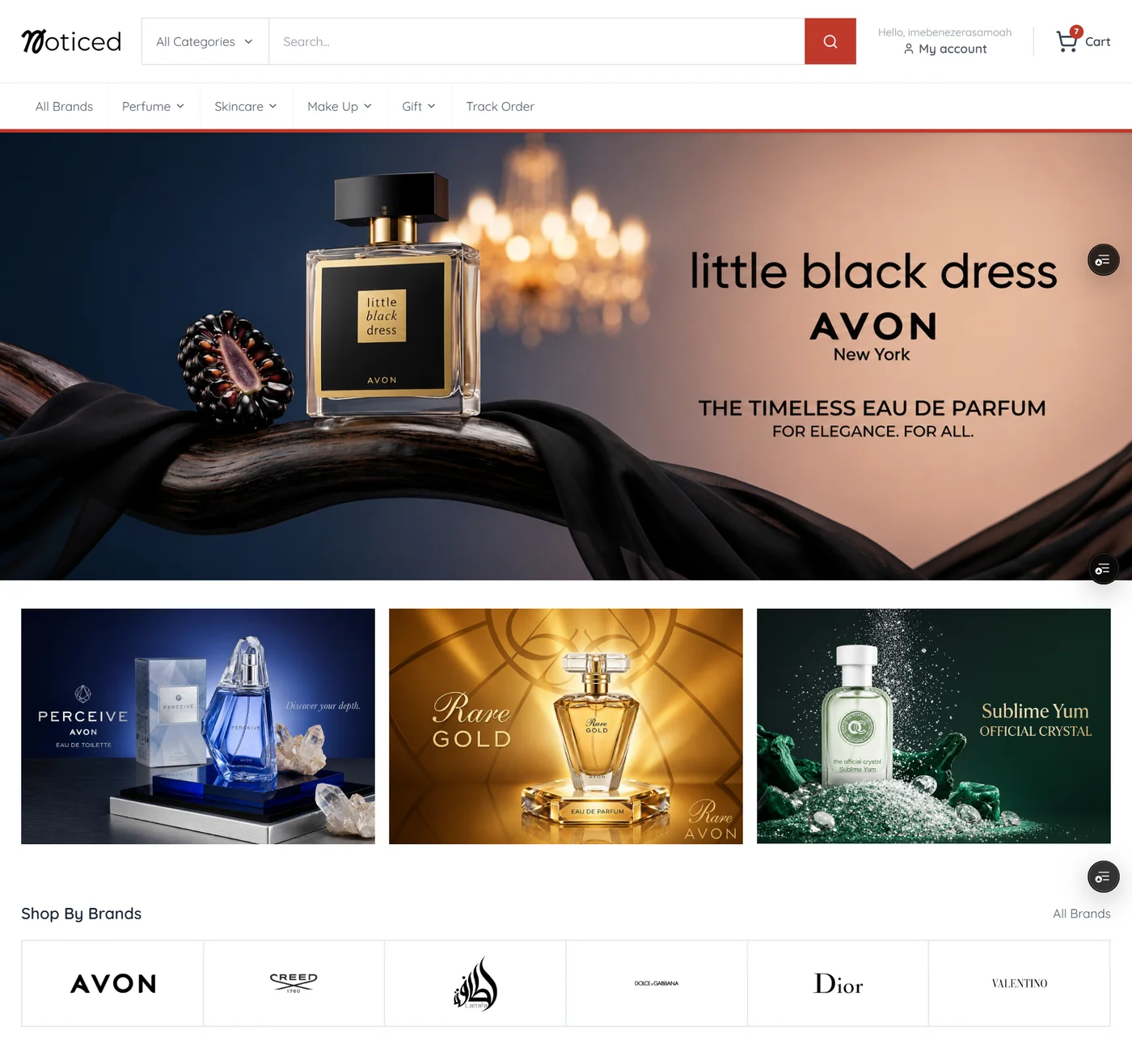 Homepage of Noticed, a luxury fragrance e-commerce platform, showing a hero banner and featured product tiles.