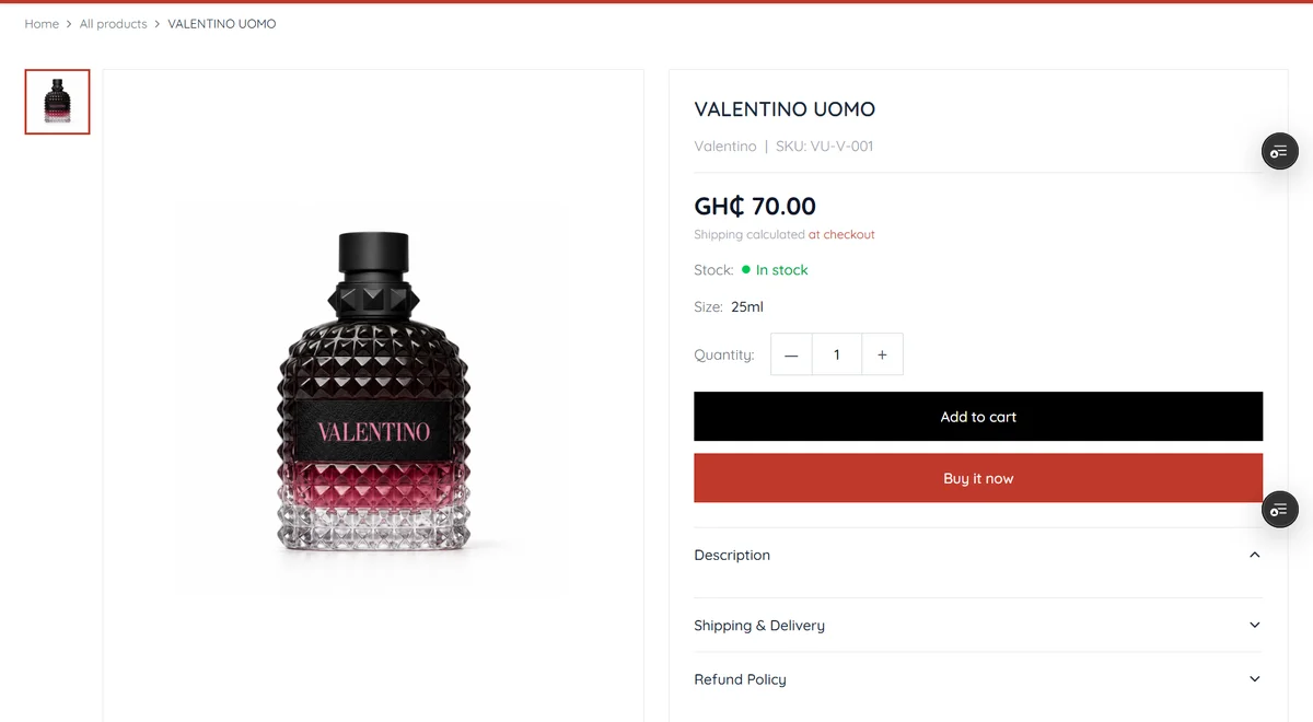 Product detail page for Valentino Uomo showing price, stock status, size, and an add to cart button