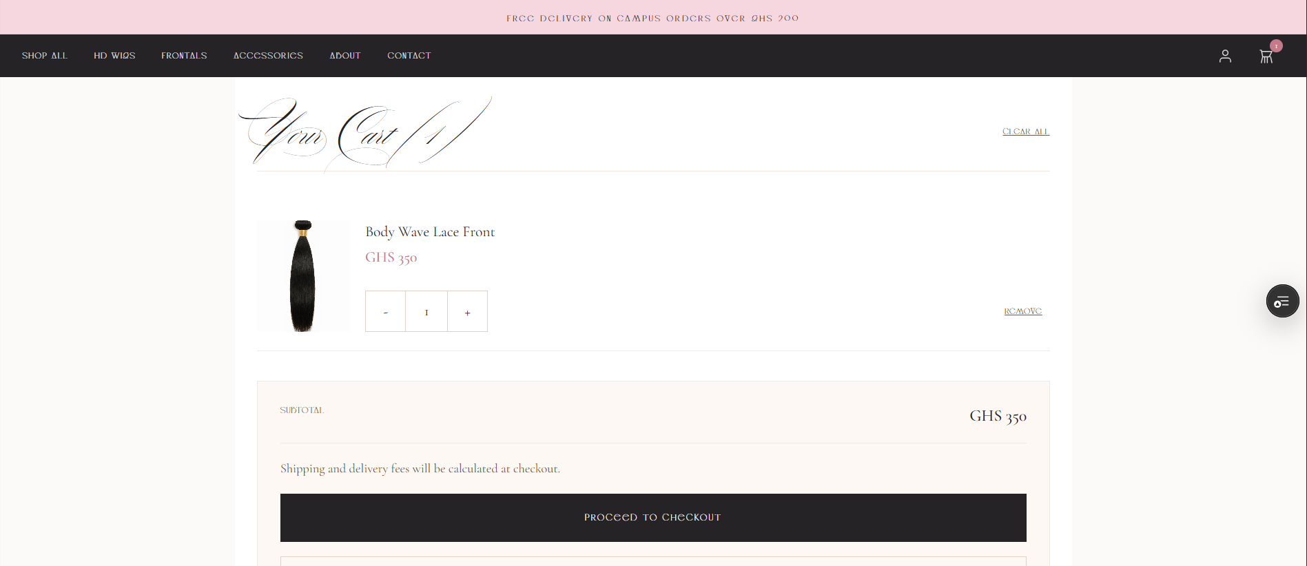 Cart page showing a selected product, quantity controls, and an order subtotal with a proceed to checkout button