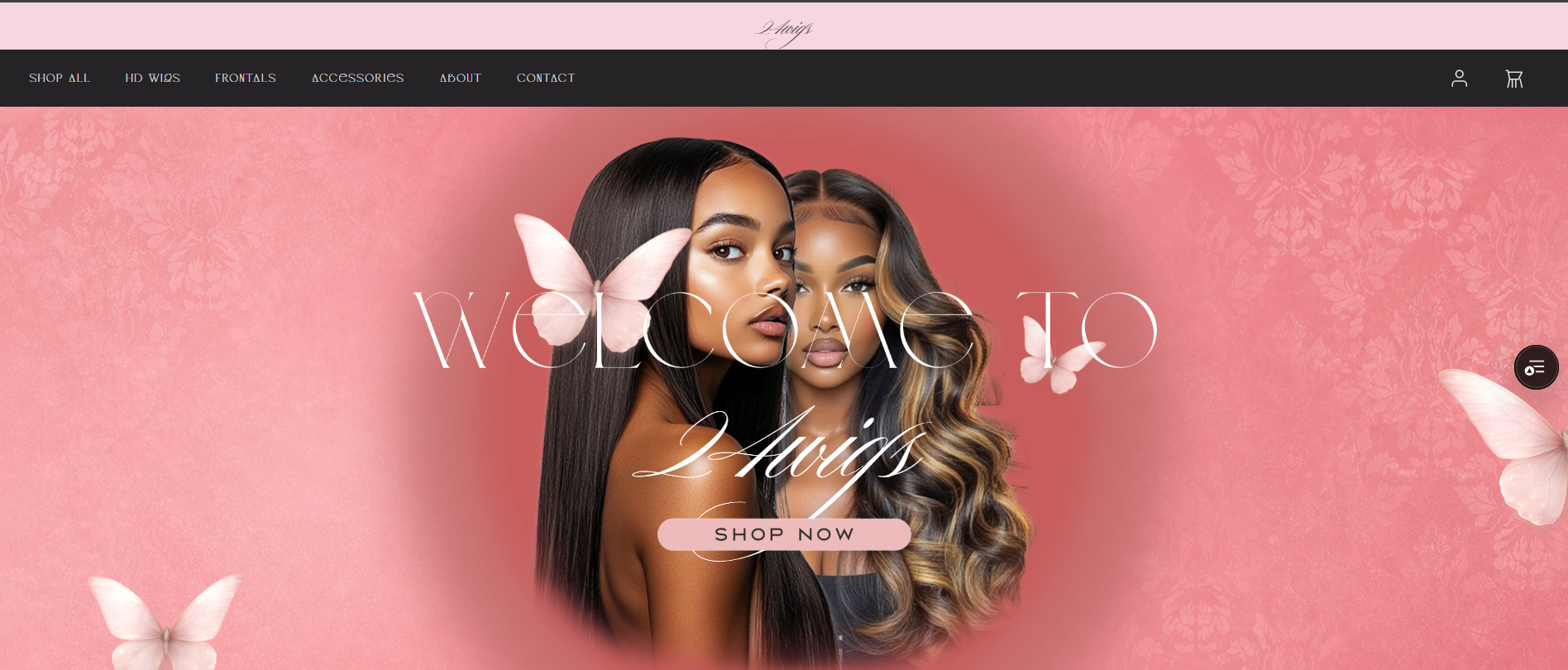 Homepage of 24wigs, a wig and hair e-commerce brand, showing a hero banner with the tagline 'Welcome to 24wigs' and a shop now button.
