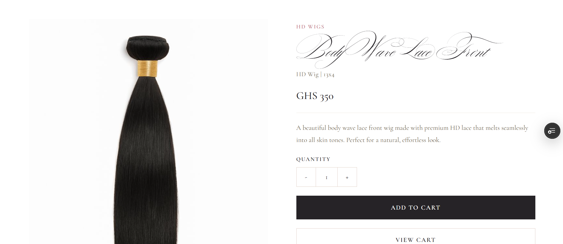 Product detail page for the Body Wave Lace Front wig showing price, description, and an add to cart button