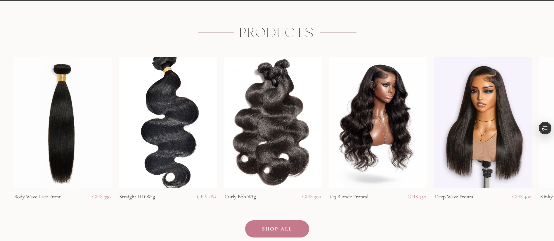 Products section of 24wigs showing a grid of wig and hair products including HD wigs, bundles, and frontals with prices
