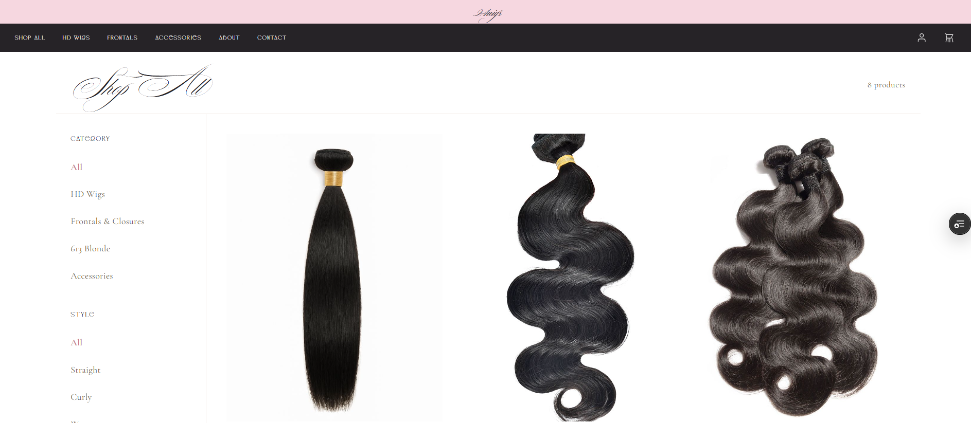Shop All page of 24wigs with category and style filters alongside a grid of products